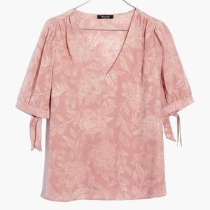 Madewell Silk V-Neck Tie-Short Sleeve Top in Pindot Blooms Size Small $110